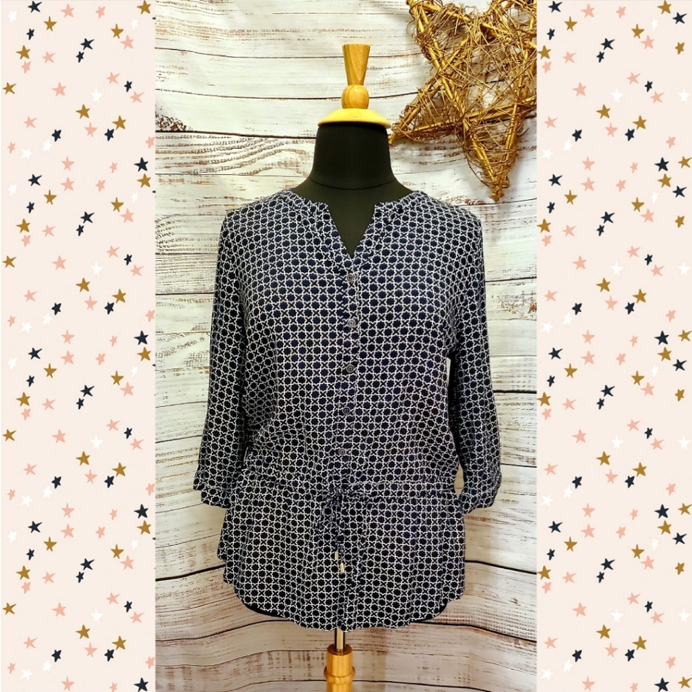 Croft & Barrow Navy and White Button-Up Cinched Waist Blouse Size Misses XXL
